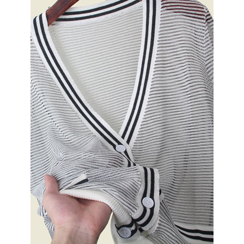 French Style Normcore V Neck Long Sleeves Thin Color Matching Sun Protection Shirt Summer Hollow-out Elegant Knitting Cardigan Women