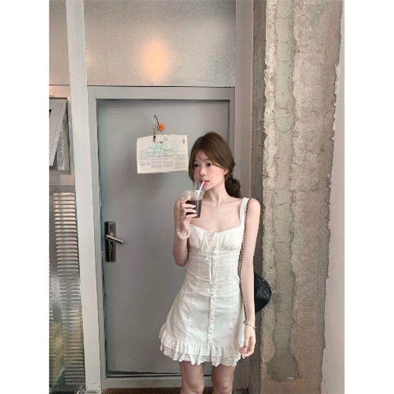 Kumikumi Pure Desire Style Hollow Single-Breasted Sling Dress Women Summer Age-Reducing Chic Slimming White Short Dress