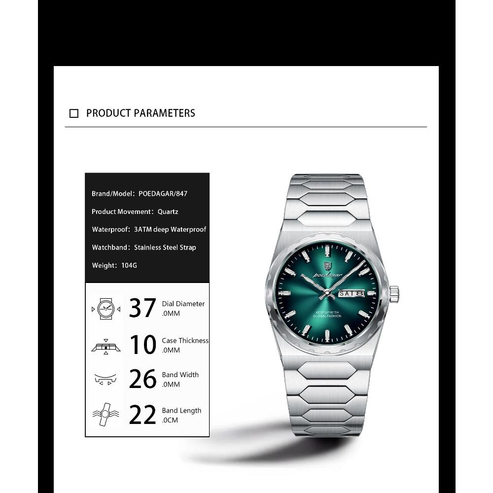 POEDAGAR Luxury Men Watch Stainless Steel Quartz Watches Sport Man Watch Waterproof Luminous Date Week Male Clock
