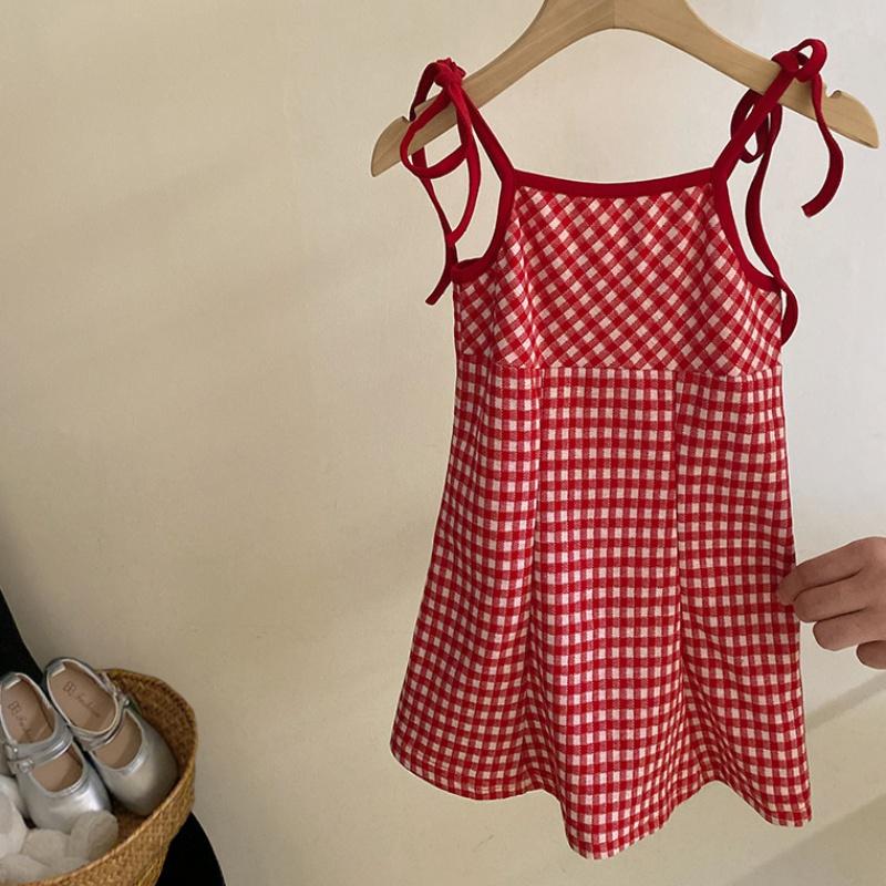 Rochie de vară tip furou pentru copii Rochie de soare Rochie cu carouri roșii și albe pentru fete Rochie pentru copii