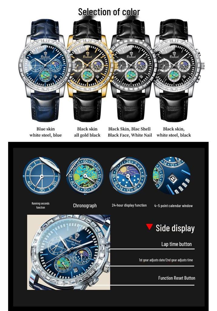 Binbang Men's Quartz Luminous Stainless Steel Multifunctional Waterproof Watch