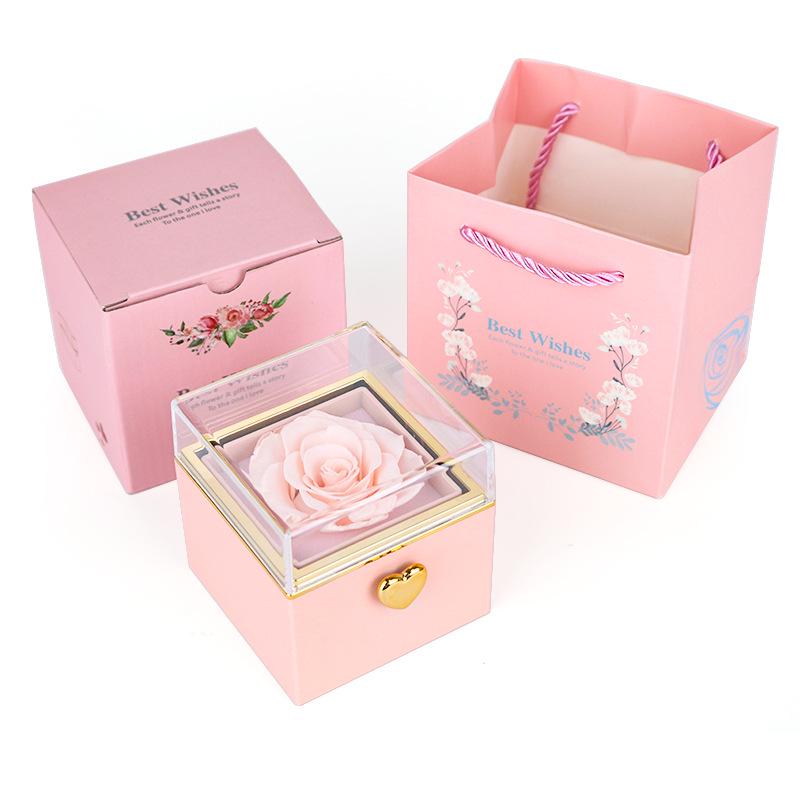 Luxury Rotating Acrylic Jewelry Box with Preserved Rose, Teddy Bear, and Birthday Cake Design