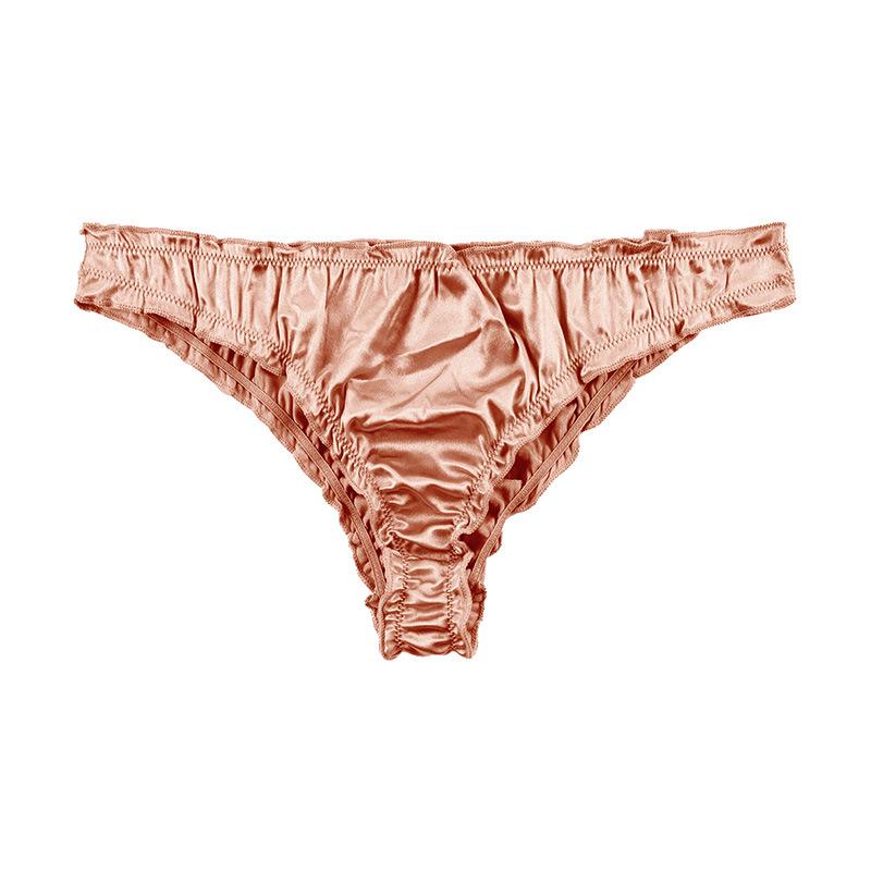 

European and American women s thong satin panties large size low waist sexy pleated pure cotton crotch high elastic ice silk panties S жёлтый