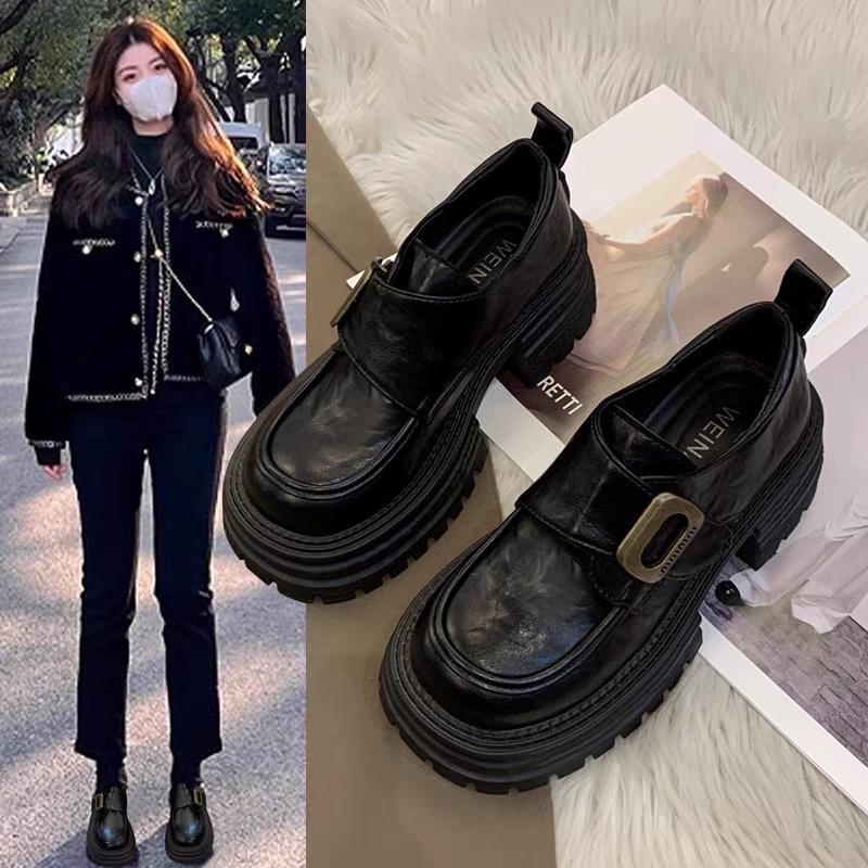 2025 Frühling Britischer Stil Schwarze Loafer mit klobigem Absatz für Damen - Leder-Schuhe zur Größensteigerung