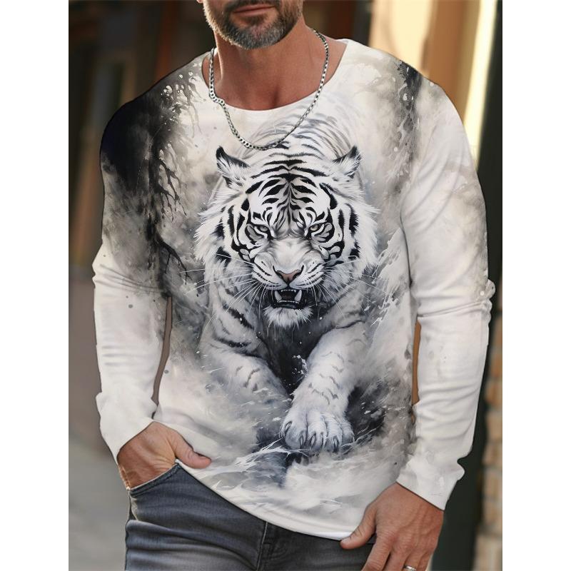 Tiger Print Pullover Autumn Men's Casual Long Sleeve T-shirt Top Round Neck Sweatshirt Streetwear Harajuku Men's Wear