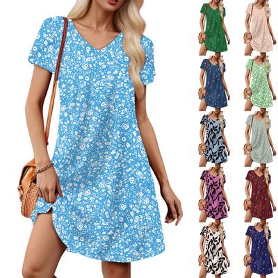Women's Petal Short Sleeve V Neck Loose Floral Print Swing Sundress With Pockets