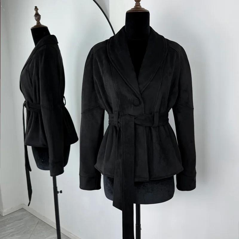 

Замшевые куртки Пальто Женские Повседневные С длинным рукавом Свободные Лоскутные Пальто Женские Куртки-бандажи Новое Пальто Хай-стрит L чёрный