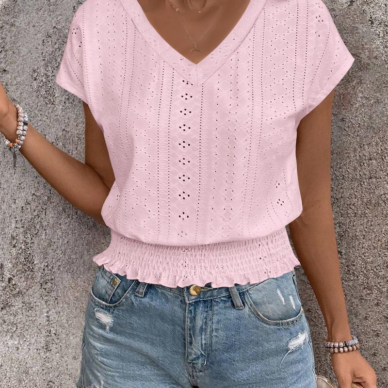 

Spring and Summertemu European Style V-Neck Short Sleeve T-Shirt Fashion Casual Women M
