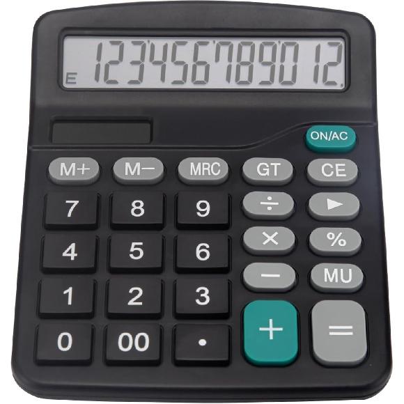 Desk Calculator, Basic Office Calculator with 12 Digits Large Display, Dual Solar Power and Battery, 4 Function Simple Calculation, Big Button for