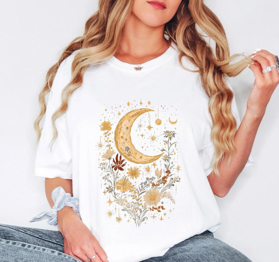 T-shirt d'été grande taille pour femme Lune Fleur Sauvage Cottagecore Coton Respirant Élégant Polyvalent Style Rue Surdimensionné