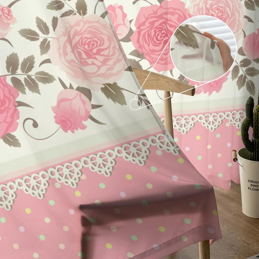 Chiffon-Vorhänge mit Rosenblüten und rosa Streifen für Wohnzimmer, Schlafzimmer, Heimdekoration, Fenster, Voiles, Tüllvorhänge