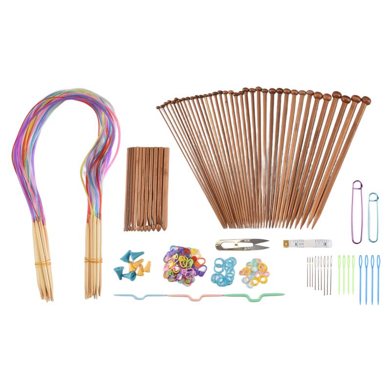 AEE4-Knitting Needles Set-18 Pairs 18 Sizes Bamboo Circular Knitting Needles + 36 Single Pointed Bamboo Knitting Needles + Weavi