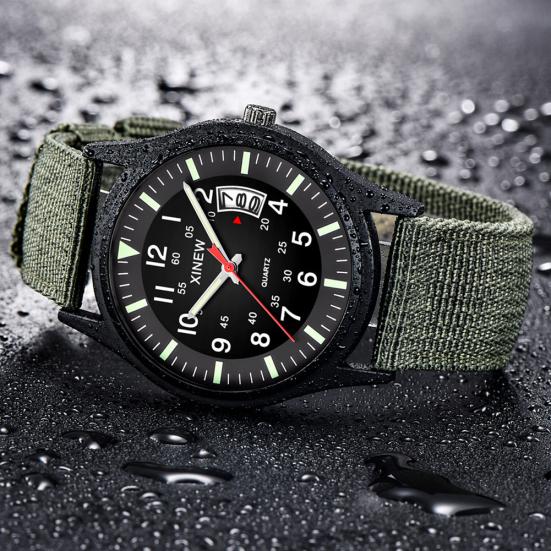 Sport Herren Kalender Rundes Zifferblatt Canvas Armband Band Analog Quarz Armbanduhr Geschenk