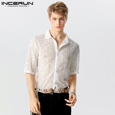 Summer Men Half Sleeve See Through Mesh Net Yarn Lace Shirts