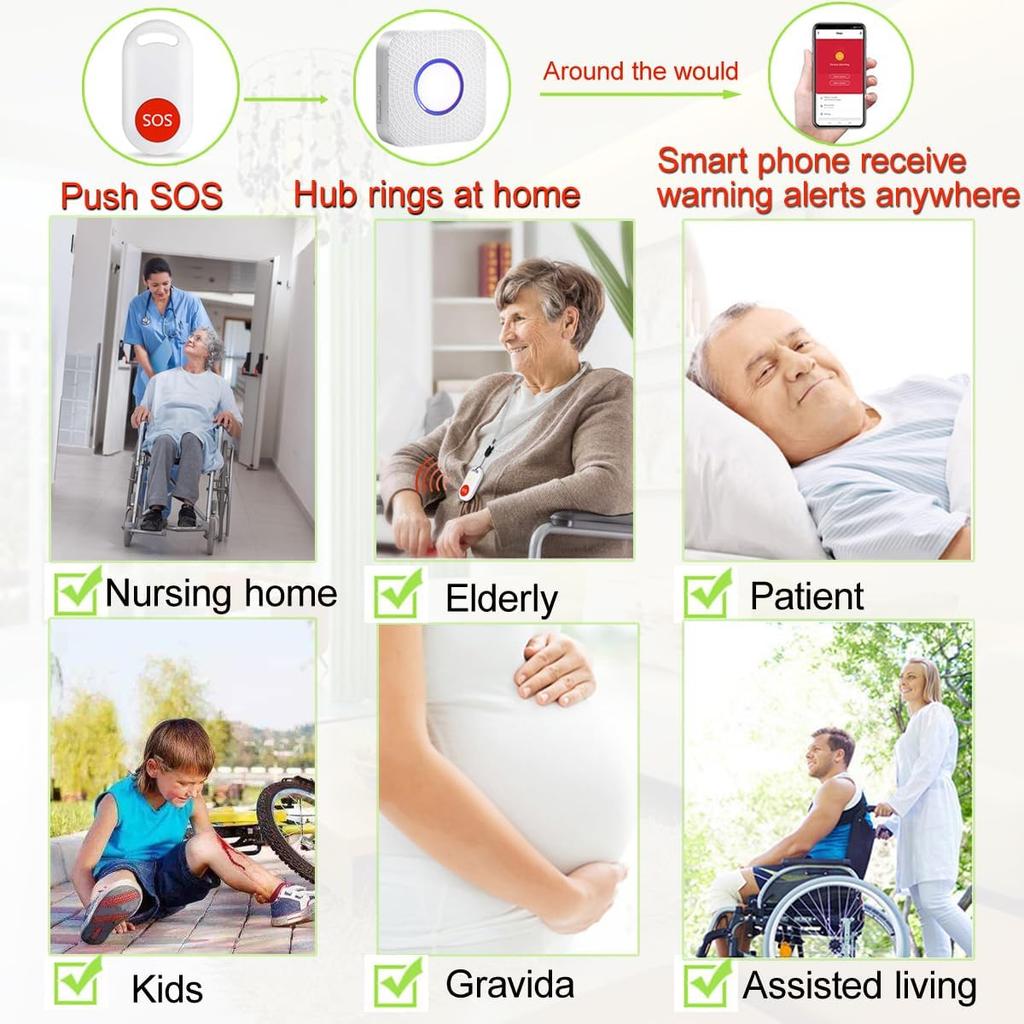 WiFi Caregiver Pager Wireless Call Button Nurse Alert System for Home/Elderly/Patient/Disabled with Phone App One Call Button One WiFi Receiver(only
