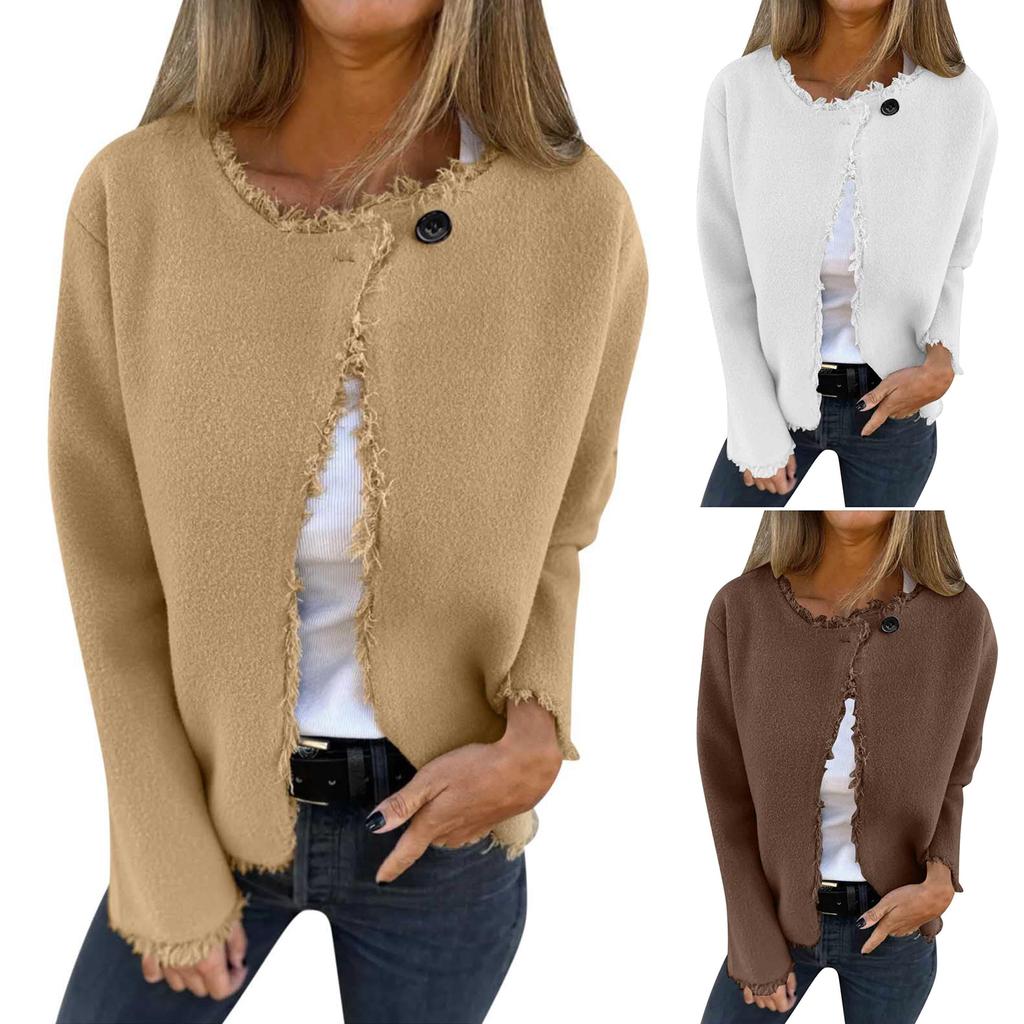 Women's Casual Crewneck Long-sleeve Tassel Woolen Solid Color Coat