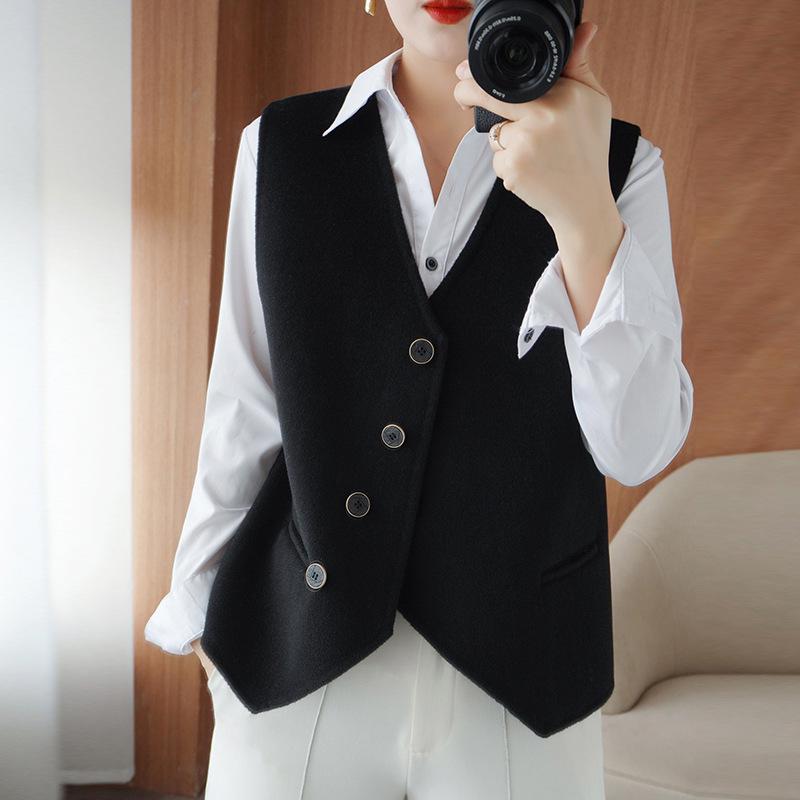 

Женский короткий двусторонний шерстяной жилет - Приталенный осенне-зимний шерстяной кардиган XL (125-140 lbs) чёрный