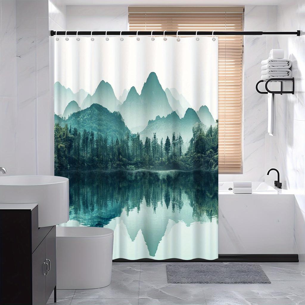 Serene Nature Shower Curtain - Misty Mountain & Lake, 70.8x70.8In, Machine Washable, Polyester, 12 Hooks, Fashionable Bath Decor
