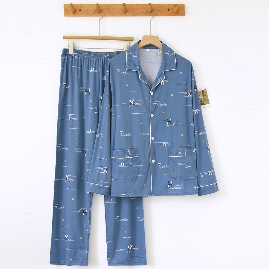 Men's Loose-Fit Pure Cotton Pajama Set: Long Sleeve Cardigan & Pants for Spring/Autumn