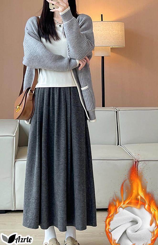 Azulte Warm Maxi Winter Solid Color with Relaxed Cold Weather Daily Size M Women's Fleece-Lined Skirt, Long, Warmth, Pockets, Wear, Commuting,