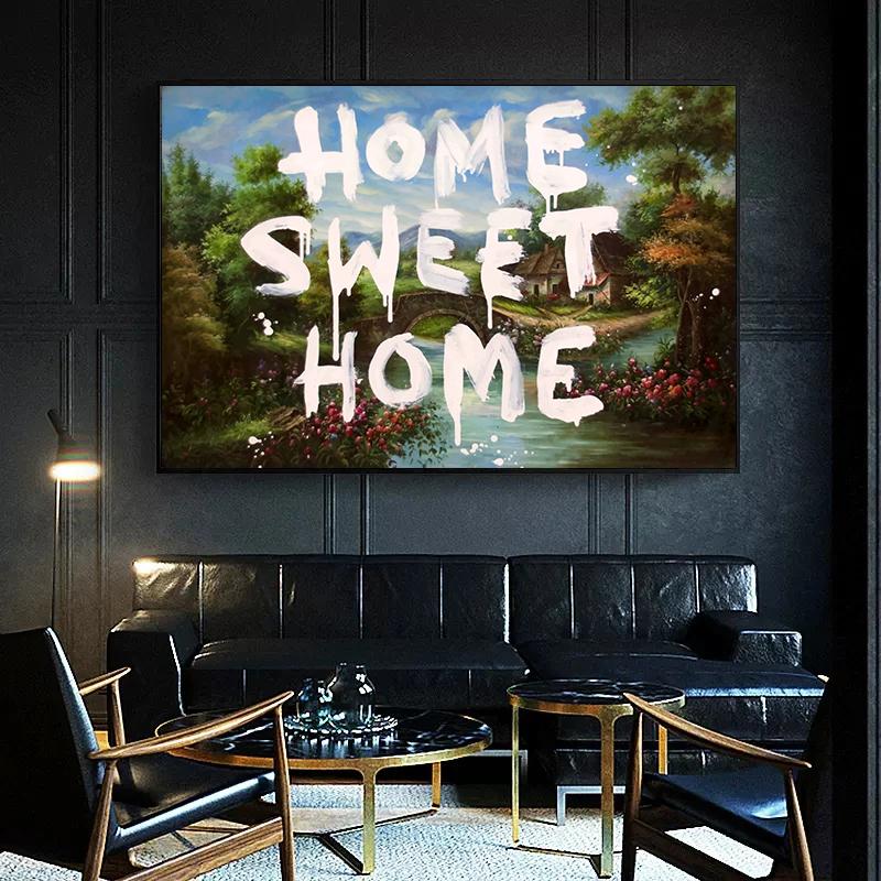Classic Banksy Artwork “Home Sweet Home” Vintage Poster Street Style Graffitti Canvas Painting Wall Art Pictures Home Decor