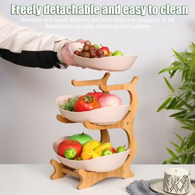 Fruit Basket Large Storage Space 1/2/3 Layer Fruit Bowl with Natural Bamboo Shelves Plastic Fruit Basket Fruit Storage Container