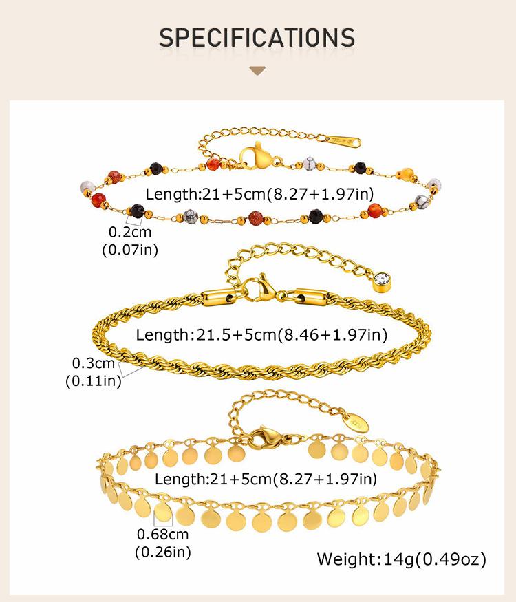 3 Layers Gold Plated Anklet Set for Women Nature Stone Bead Bohe Disc Charm Stainless Steel Beach Foot Jewelry