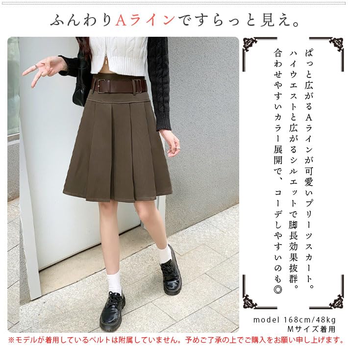 AIKA Mini Short Box Solid Size Gray Knee-Length Skirt, Skirt, Pleated, A-Line, Flared, High-Waisted, Short, Natural, Casual, Cute, Color, Women's, M,