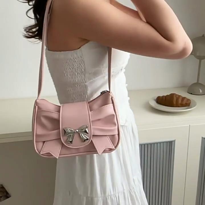 A Stylish And Versatile PU Leather Shoulder Bag for Women Cute Bow Decor Solid Color Underarm Bag Perfect for Both Casual And Chic Looks. AVE