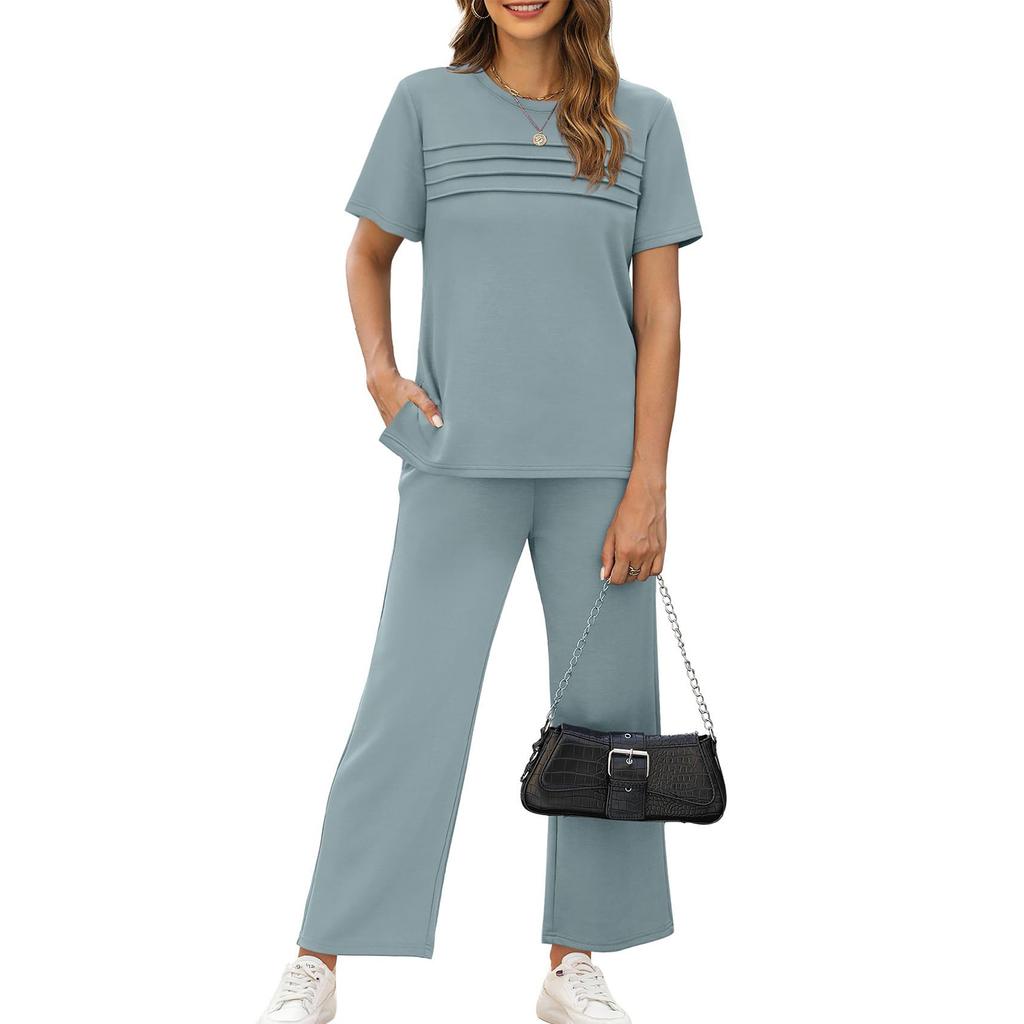 Women's Fashion Color Round Neck Short Sleeved Pleated Top With Drawstring Pockets Casual Pants Sports Two,piece Set