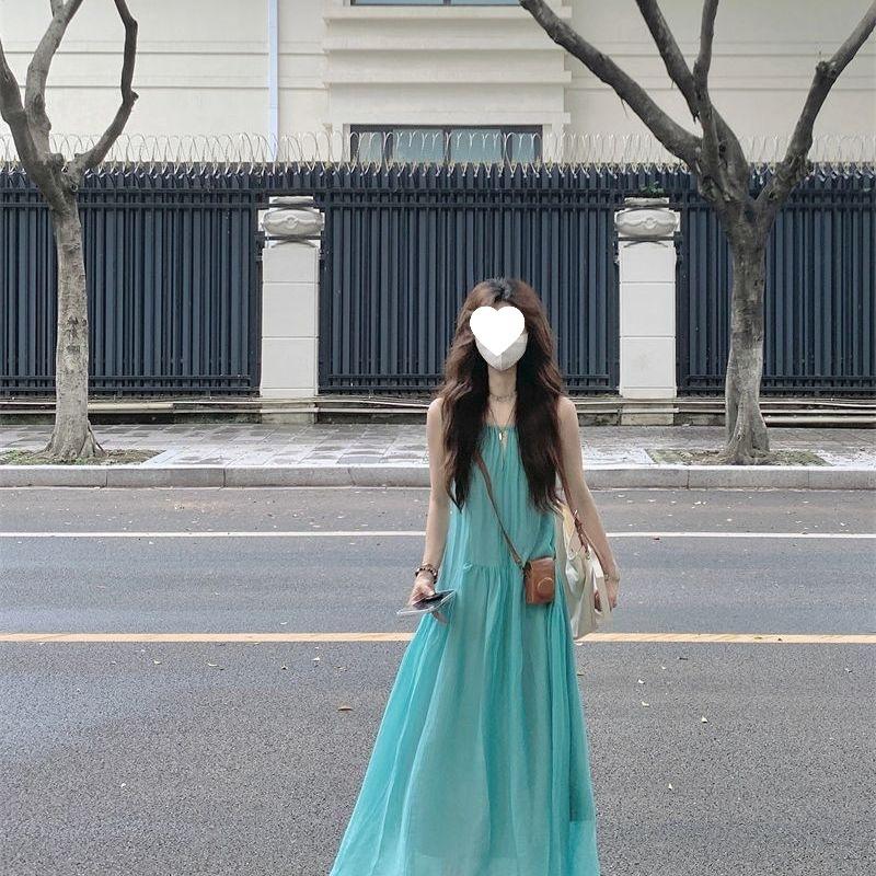 French hollow suspender dress women's summer seaside vacation wind beach skirt pleated lazy relaxation long skirt
