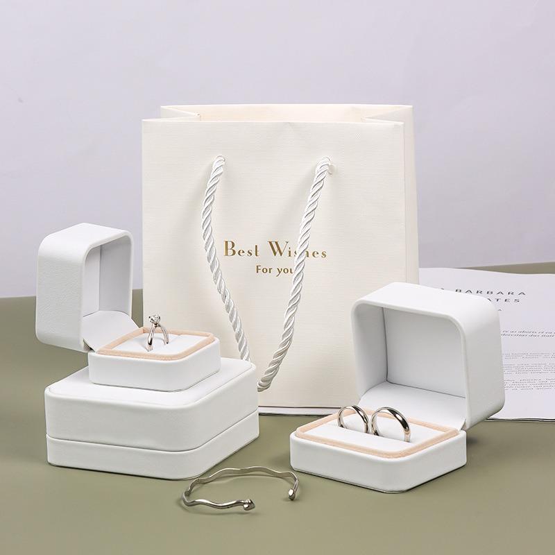 Simple Solid Color Ring Box White PU Leather Proposal Engagement Wedding Ring Box Holiday Gift Packaging Earring Storage Case