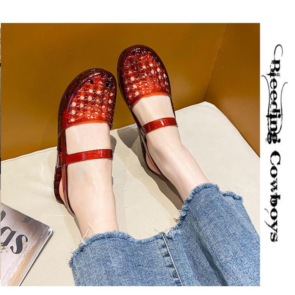 Gemstone Sparkling Jelly Mary Jane Shoes, Transparent Woven Hollow Flat Shoes, Waterproof and Non Slip, Cute Beach Pool Vacation Cooldown