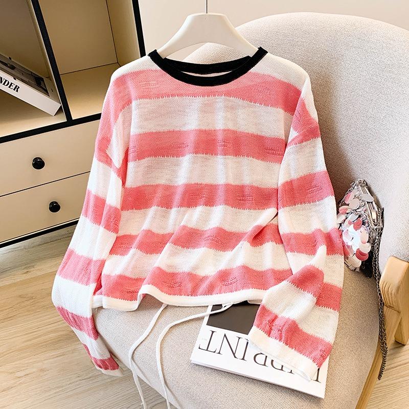 Sunscreen casual contrasting striped long-sleeved t-shirt knitted thin top trendy