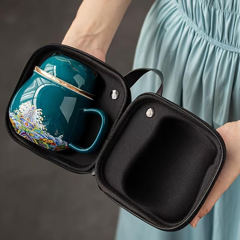 Set, Chinese Fortune Cat Tea Mug with Travel Bag, Ceramic Tea Cup with Infuser and Lid, Portable Drinkware
