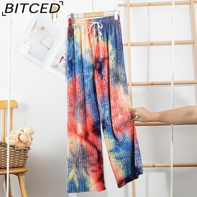 Tie-Dye Ice Silk Wide-Leg Trousers for Women Summer Lightweight High-Waisted Drape-Effect Colour-Printed Pleated Casual Floor-Length Trousers