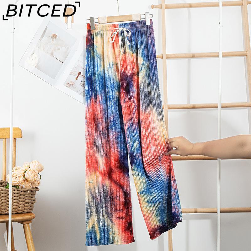 BITCED Tie-Dye Ice Silk Wide-Leg Trousers for Women Summer Lightweight High-Waisted Drape-Effect Colour-Printed Pleated Casual Floor-Length Trousers