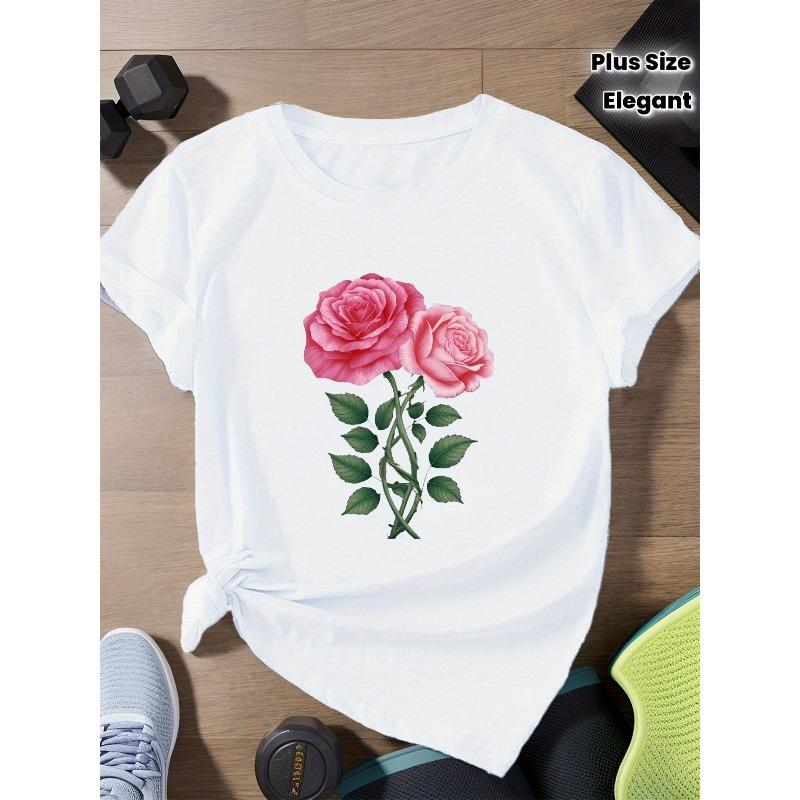Plus Size, Leaves Elegant Pink Roses Women s Plus Size S Short Sleeve T-Shirt S белый