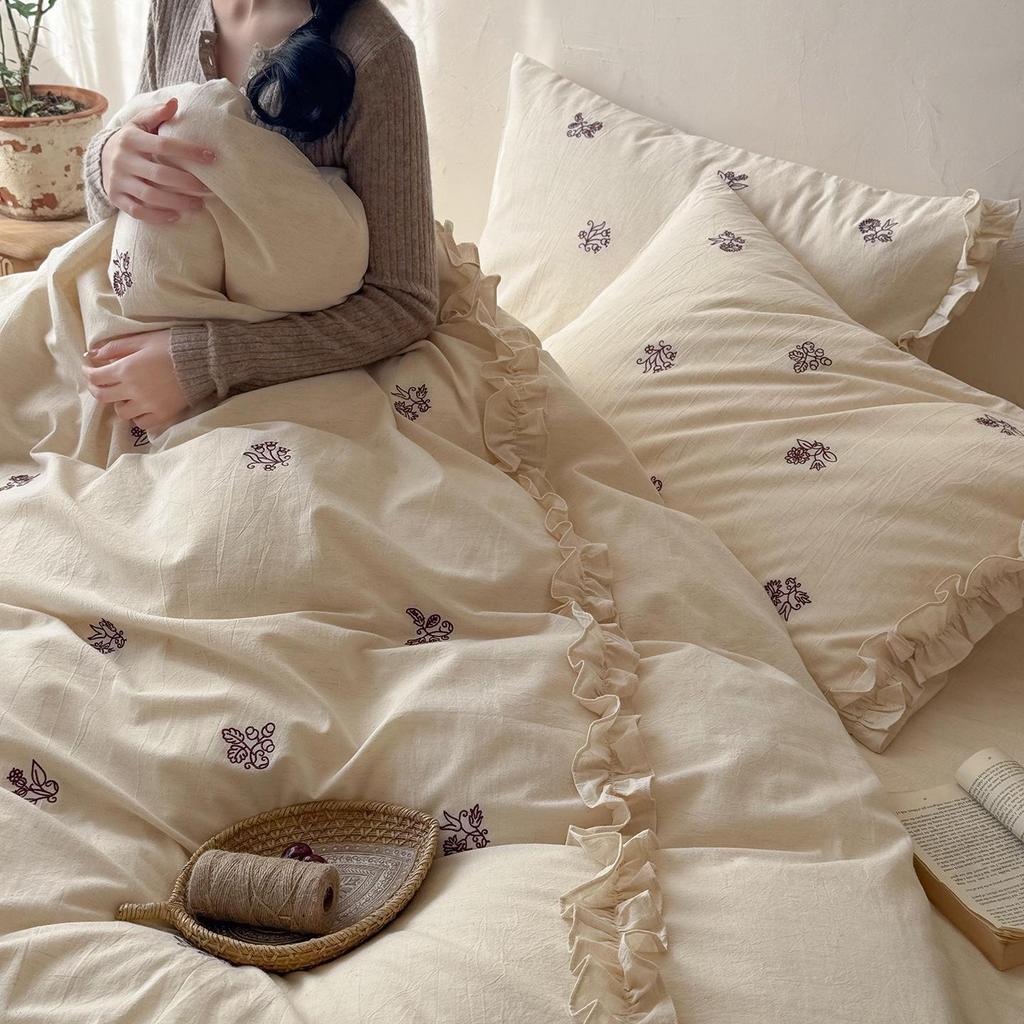 Spring/Summer Floral Embroidered Pure Cotton Linen 4-Piece Set - Soft, Skin-Friendly, 100% Cotton