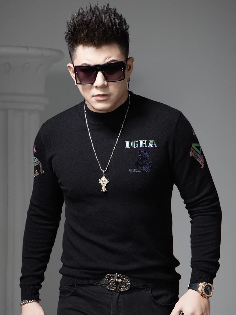 European-Style Spring and Autumn Half-Turtleneck Sweater for Men, 2026 New Trendy Brand Bear Print Men's Pullover Long-Sleeve Knitwear