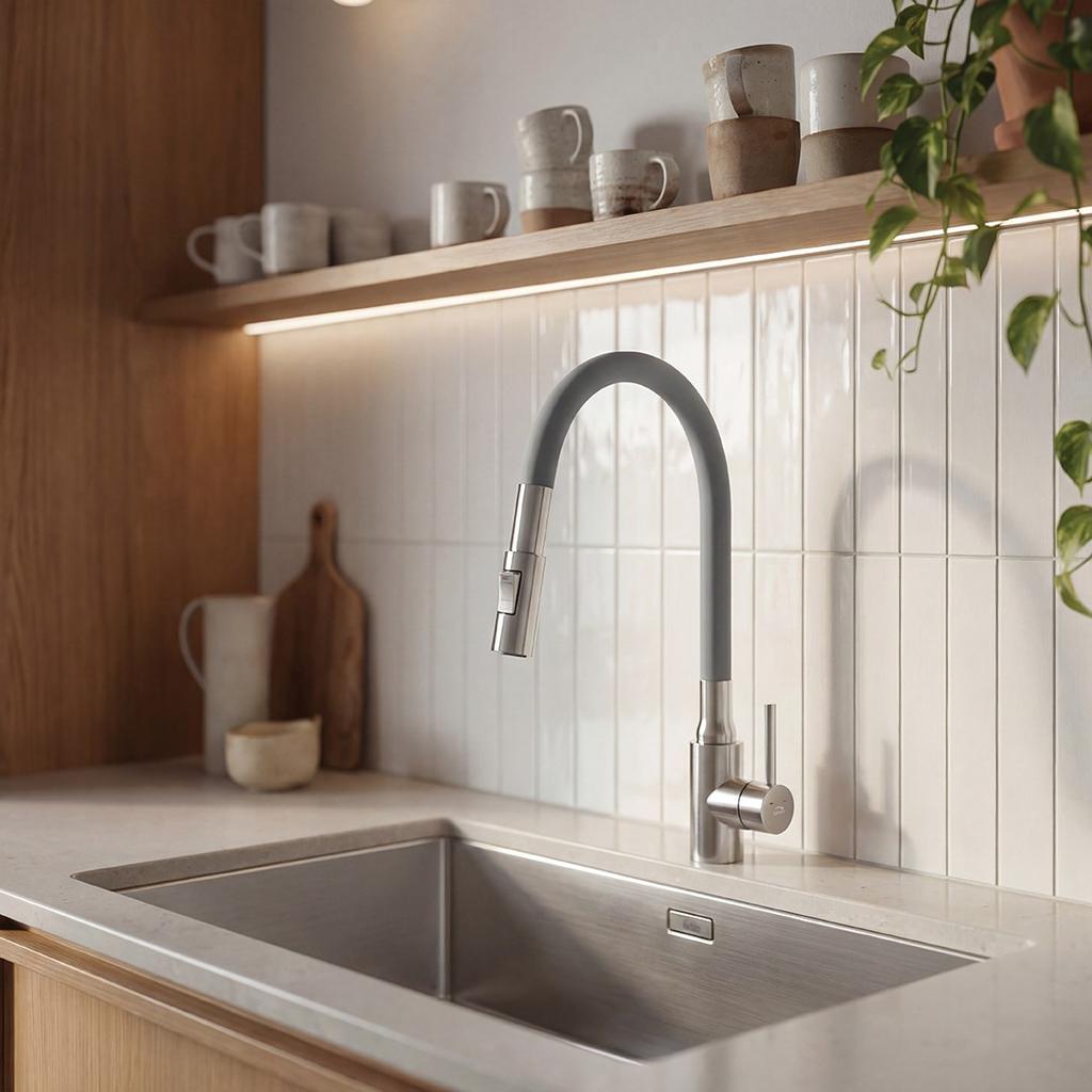 Nila Laveo Floor-standing Sink Tap with Flexible 2-Function Spout, Brushed Steel/Gray