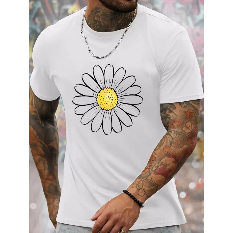 

Мужская летняя модная футболка с коротким рукавом, повседневная футболка с круглым вырезом и принтом ромашек, ткань с небольшим растяжением, стандартный крой S белый