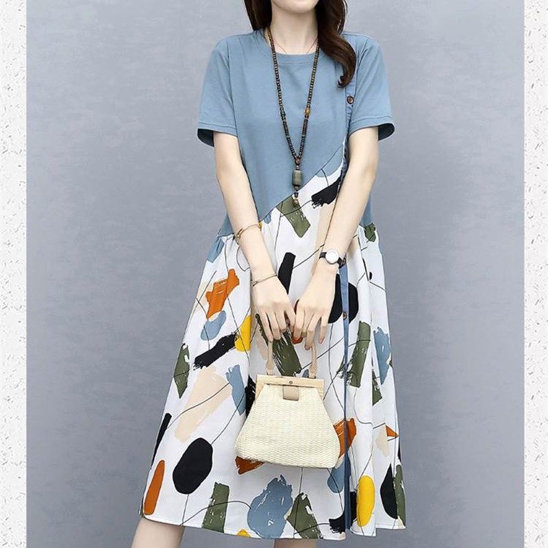 

2023 Summer Women Loose Casual Print plus Size Dress Dresses Blue 2XL