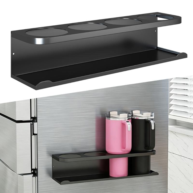 Four-Cup Wall Storage Rack with Metal Holder Rail and Lower Shelf, Keeping Kitchen Drinkware Together for Storage