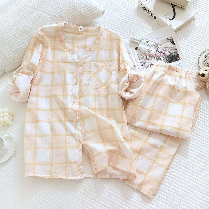 2025 Japanese Style Spring/summer New Women's Home Clothing Two-piece Set 100% Cotton Gauze Long Sleeved Pants Pajama Set Ladies