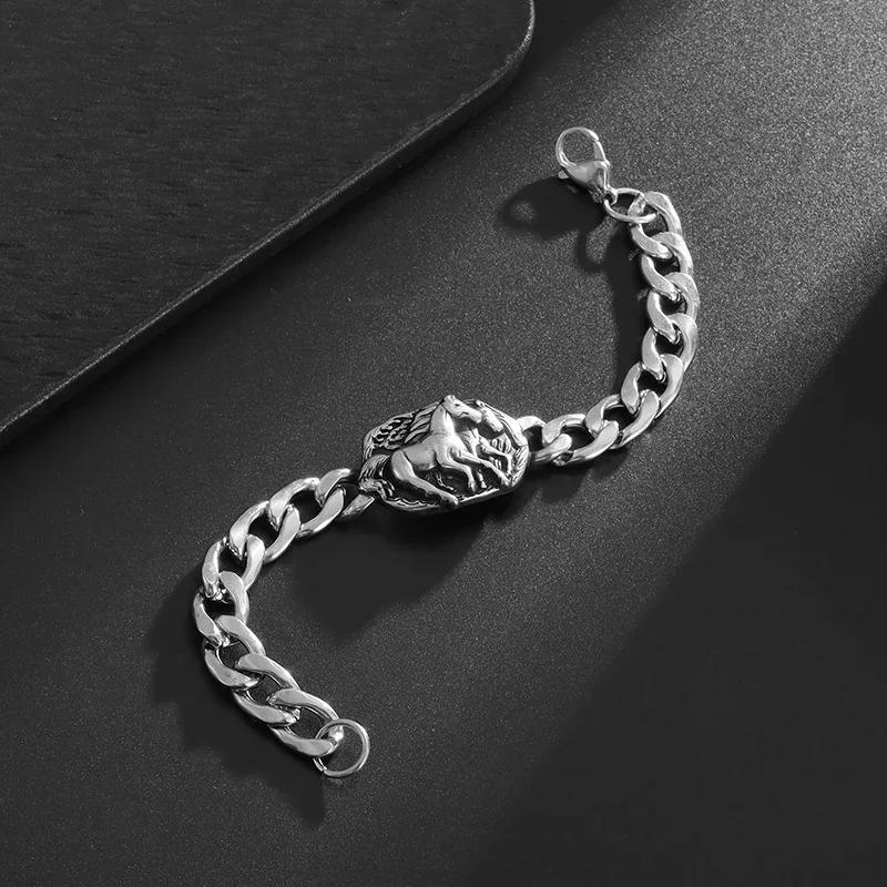 Retro Domineering Stainless Steel Horse Benz Cuban Chain Bracelet Men's Punk Cool Street Party Jewelry Gift