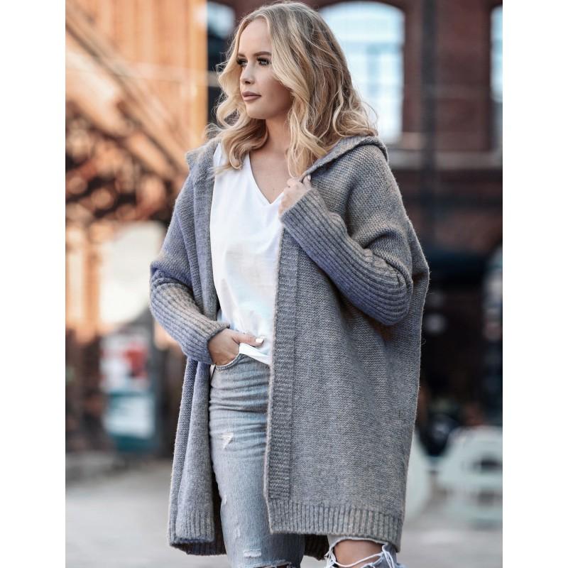 Pull en tricot à capuche chauve-souris surdimensionné pour femme 2026 Mélange d'acrylique doux Chic décontracté Tenue de bureau Longueur moyenne Ouverture sur le devant