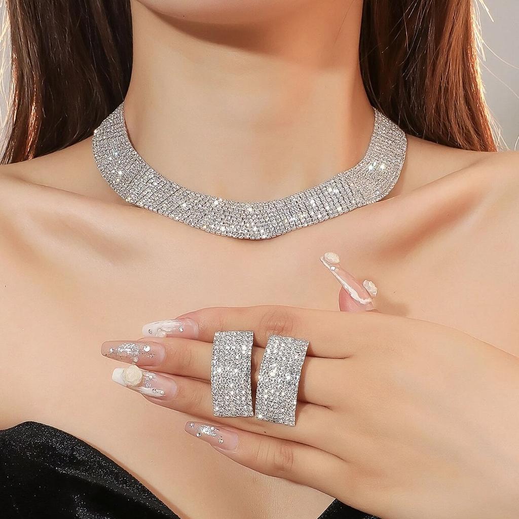 3pcs Women's Zircon Set Rhinestone Earrings Necklace New Wedding Party Luxury Fashion Accessories-4068