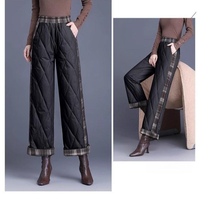 Fashion Women Winter Warm High Waist Cotton Padded Pants Plaid Patchwork Wide Leg Fleece Lined Trousers