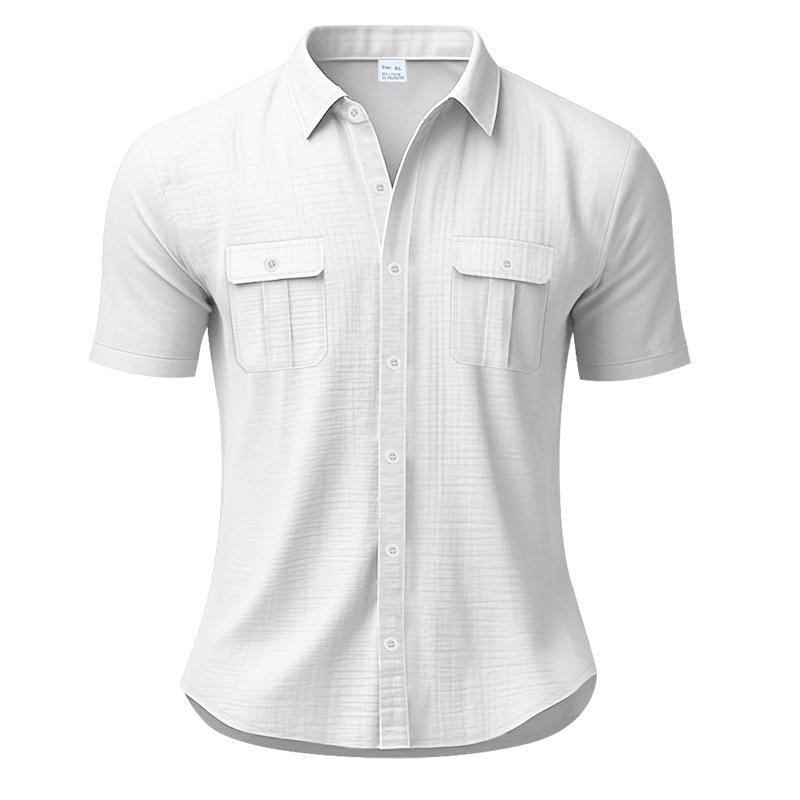 Summer men's short-sleeved shirt Solid-colour patch-pocket cardigan Loose-fitting lapel linen shirt